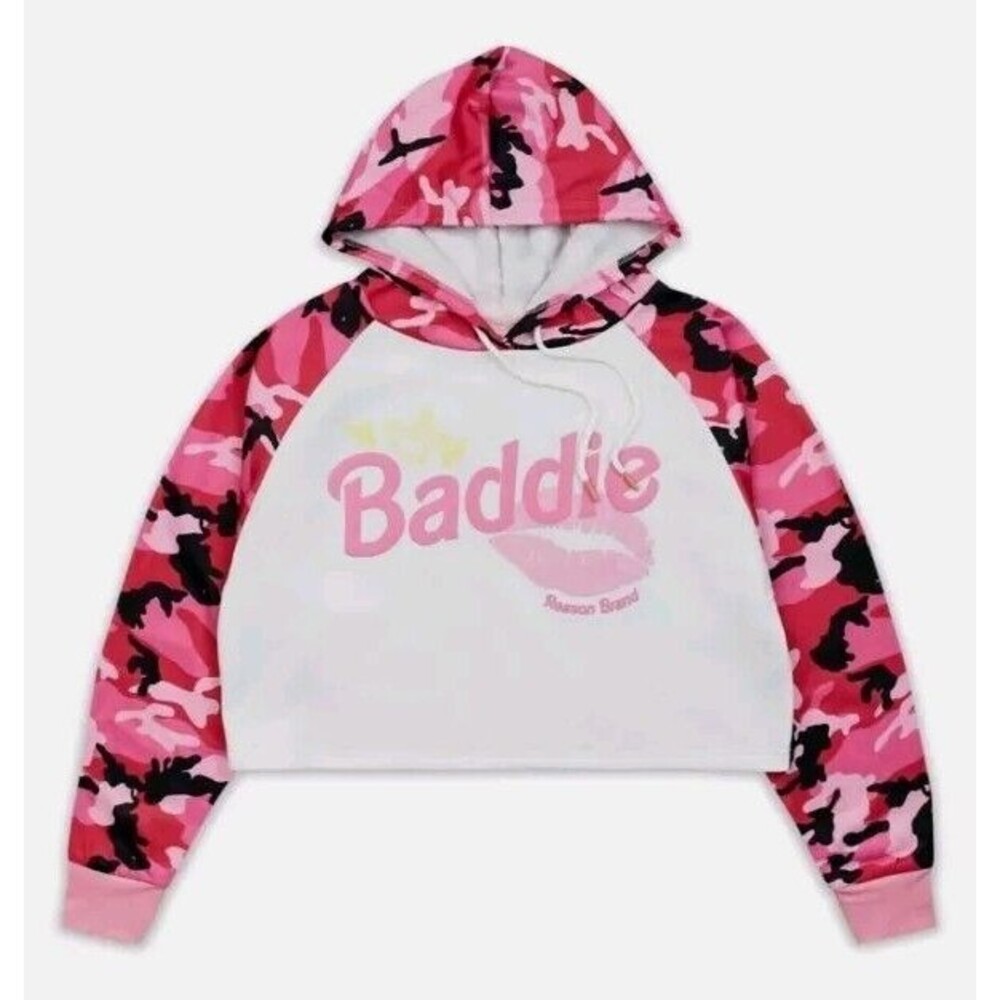 REASON CROPPED BADDIE HOODIE WHITE  WITH PINK AND BLACK CAMO SIZE M NWT